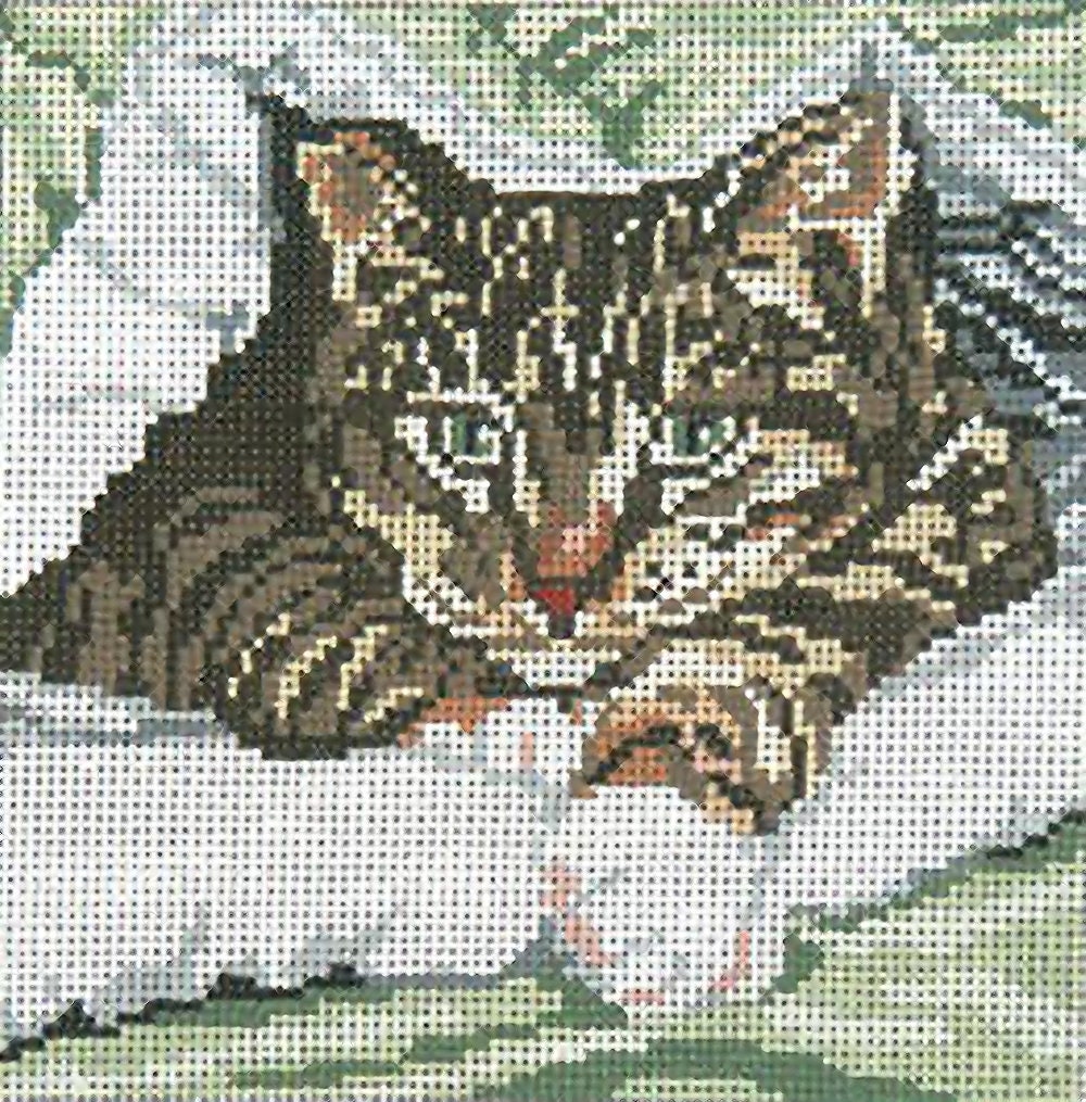 Needlepoint Handpainted Needle Crossings Undercover Cat 5x5 -Free Us Shipping