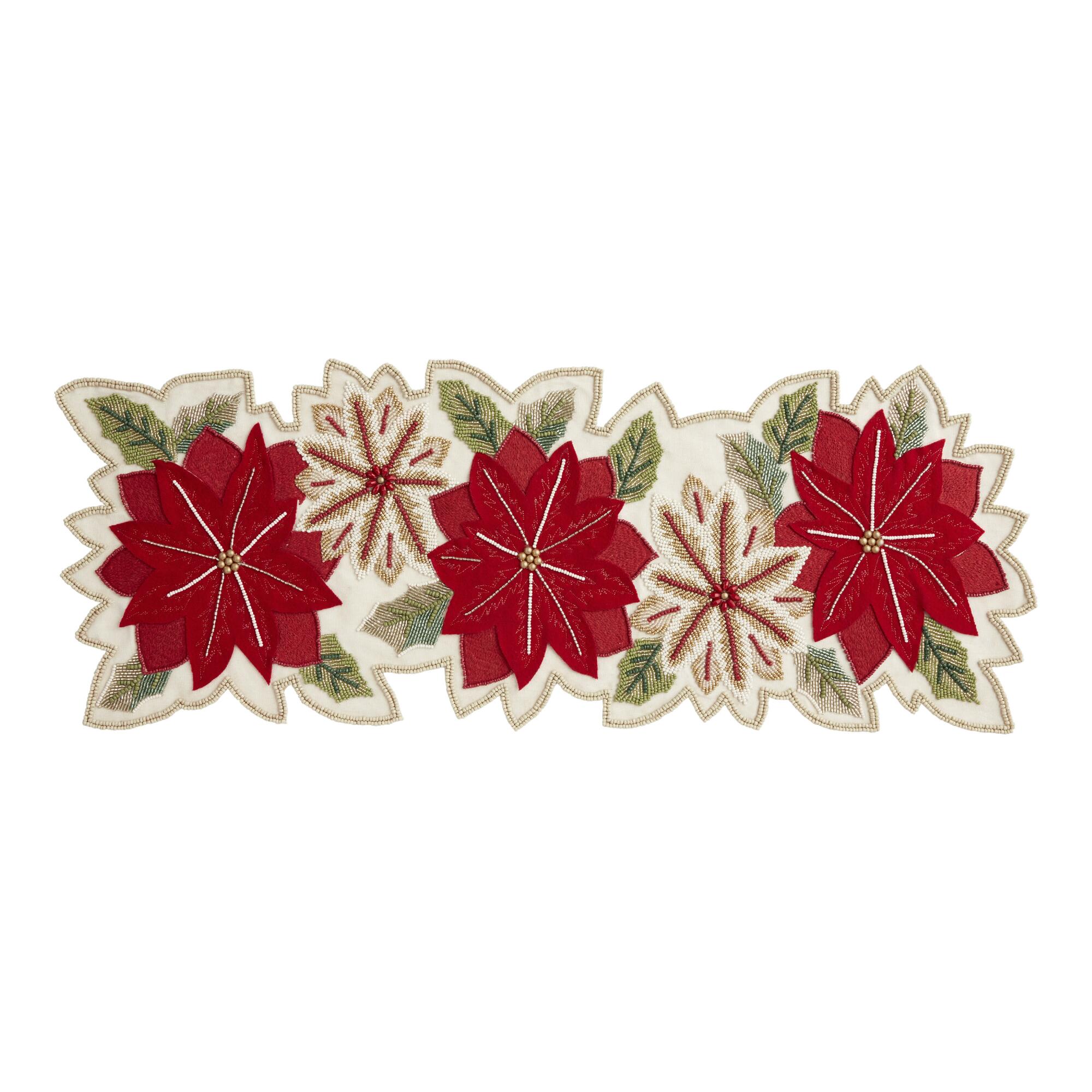 Pier Place Applique Poinsettia Beaded Table Runner: Multi - Cotton by World Market