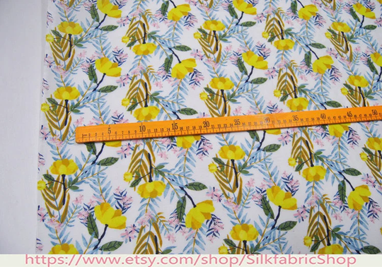 Floral Print White Silk Cotton Blend Fabric ,width 44 Inch,clothing
