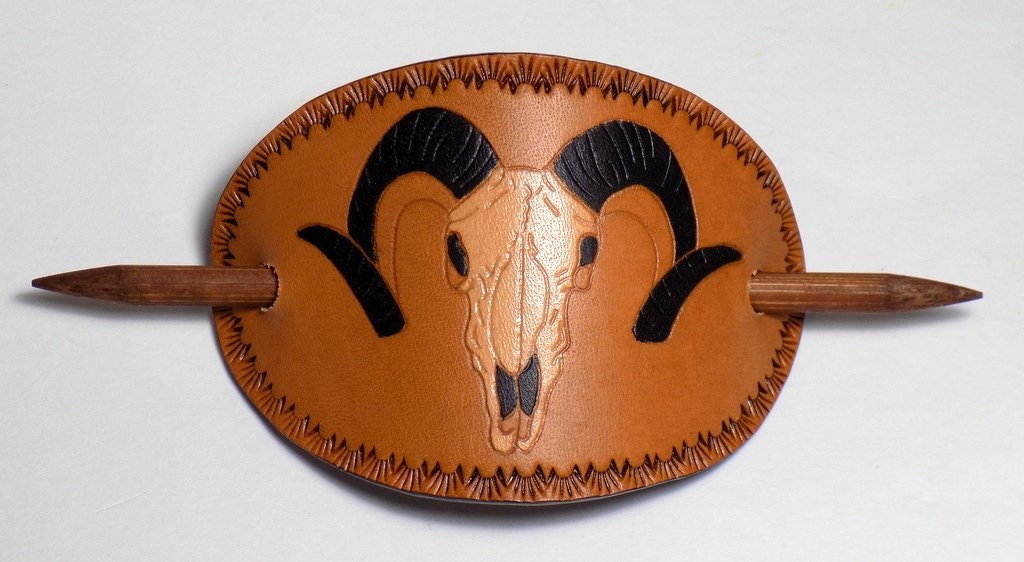 Ram Skull Barrette, Leather Oval Hair Slide, Wooden Stick