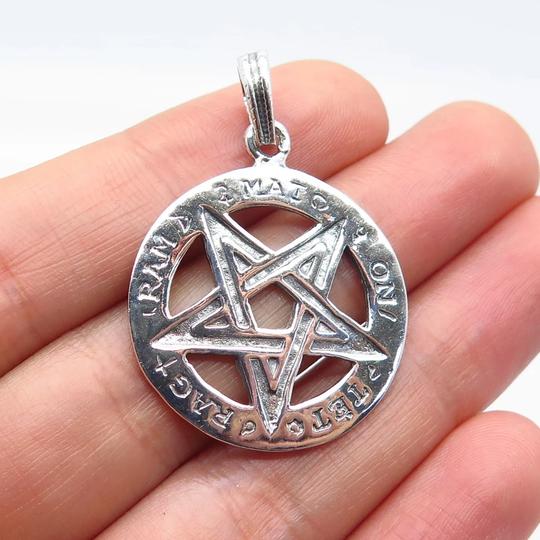 925 Sterling Silver Vintage Tet-Rag-Ram-Mat-On Pentagram Round Pendant
