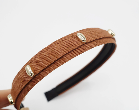 Linen Blend Headband Golden Clip Embellished Narrow Hairband For Women
