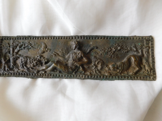 Antique French Bronze Plaque Of Shepherd & His Sheep, With A Dove Bringing Letter