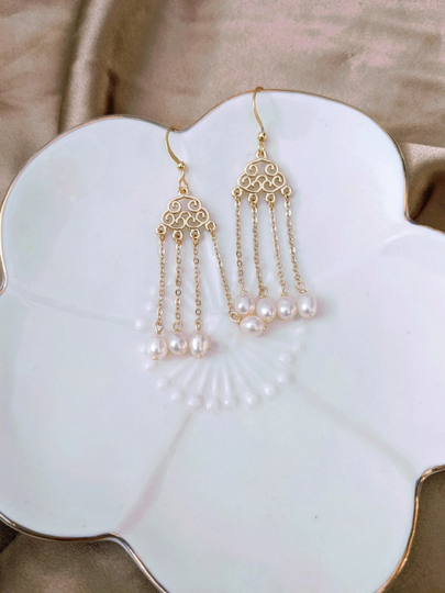 Freshwater Pearl Tassel Dangle Earrings, Vintage Style Chinese Drop Earrings