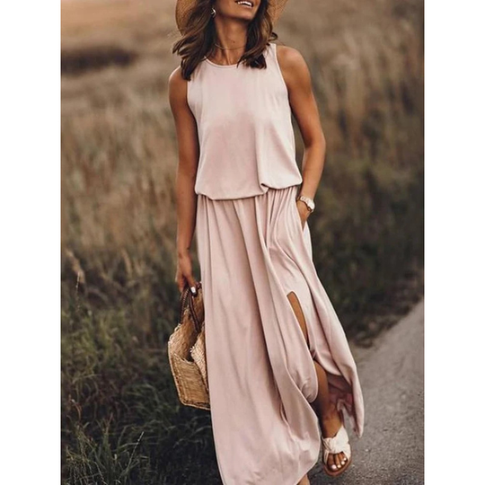 Women's Round Neck Solid Cotton-Blend Boho Pink Maxi Dresses - Khaki, 2XL - 2xl beige