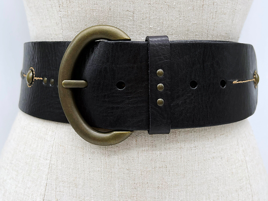 Vintage 90S Large Black Leather Fossil Belt Brass Studs