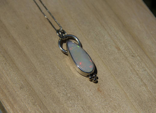 Handmade 5.5-Carat Solid Australian Opal Pendant/Necklace in Sterling Silver With Gold Beads Chain