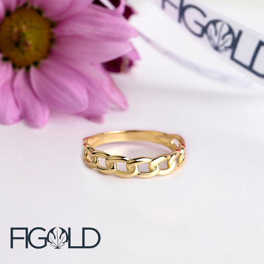 14K Solid Gold Cuban Chain Ring, Designer Unique Dainty Band Sisters Gift, Best Friend Gift
