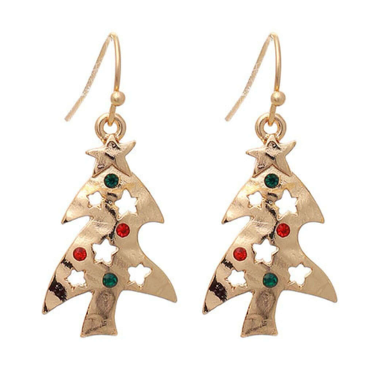 Gold Christmas Tree Dangle Earrings, Cute Fun Stocking Stuffers Holiday Xmas Party Novelty Drop Jewelry