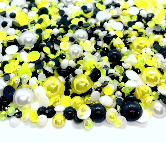 Bumble Bee Blend Rhinestone Mix 2mm-10mm Flatback Jelly Resin | Faux Pearls Rhinestones Mixed Sizes, Yellow Black White