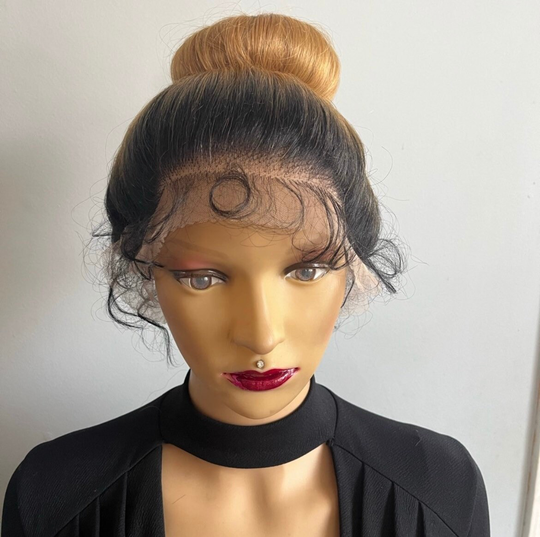 Long Wavy Ombré Human Hair Blend 360 Lace 13x4 Parting Daily Wig Arrives in Bun