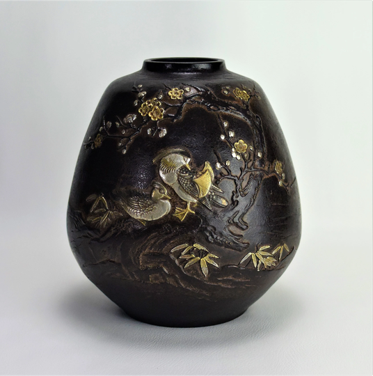 Vintage Japanese Mixed Metal Vase Ducks & Cherry Blossom Motif Free Shipping