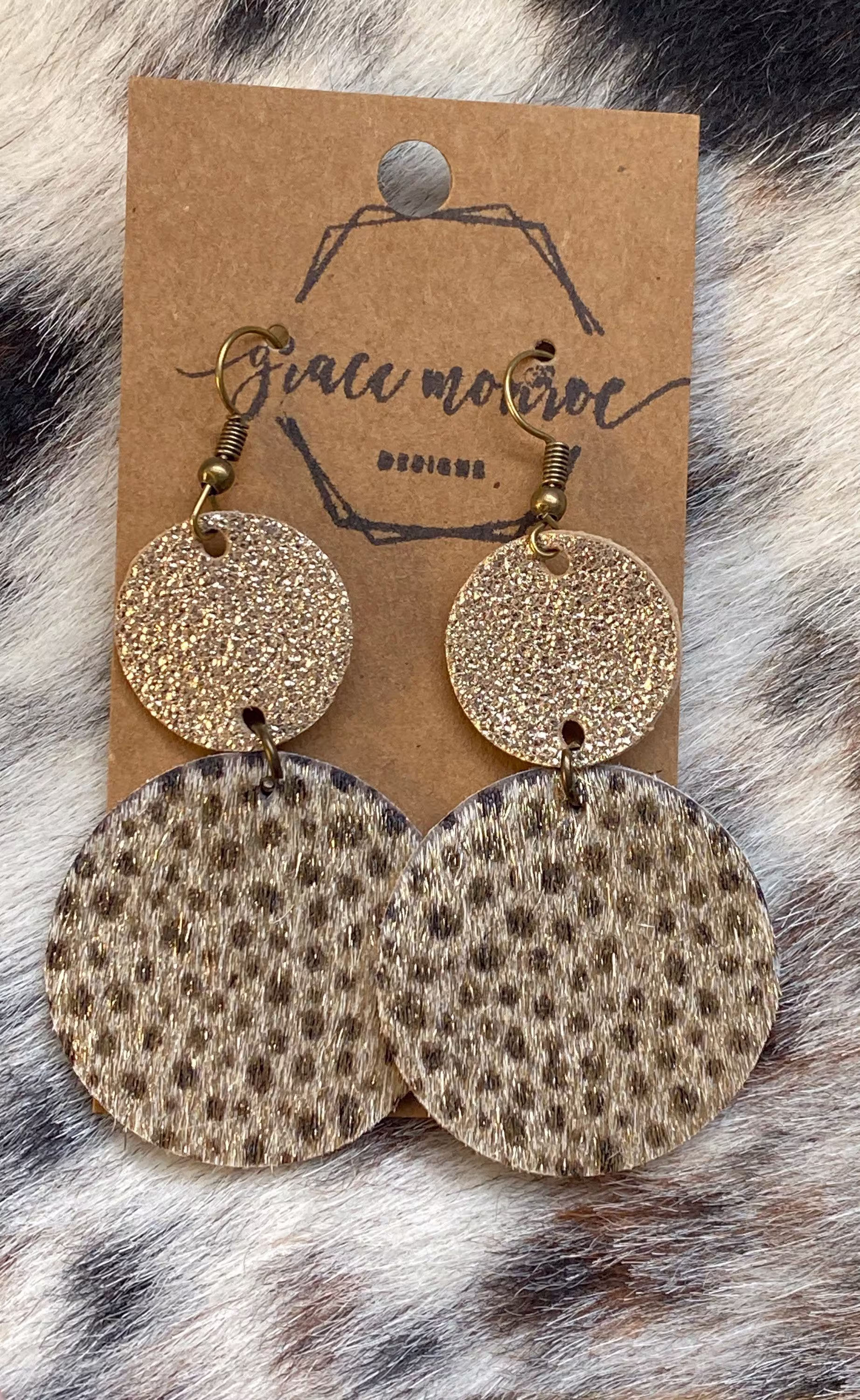 Cowhide Gold & Brown Spotted Cheetah Leather Earrings, Dangle Boho Chic Trending Western