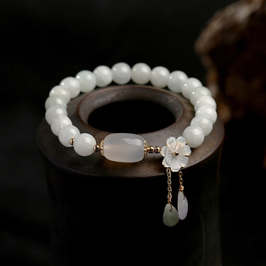 Dainty Jade Bracelet For Women, Natural Jadeite Beaded With Flower Charm, Healing Anniversary Gift Her Mom Birthday