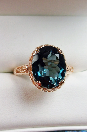 Natural Topaz Ring Size 8.5/Rose Gold Plated Silver/ 5.1Ct London Blue Topaz, Floral Edwardian Filigree [In Stock] Design#70Z
