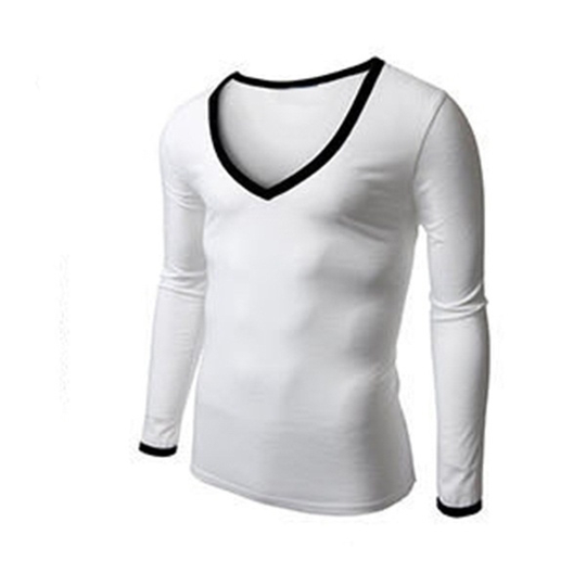 Patchwork V-Neck Long Sleeve Cotton Blends Pullover Mens Shirts - white, s