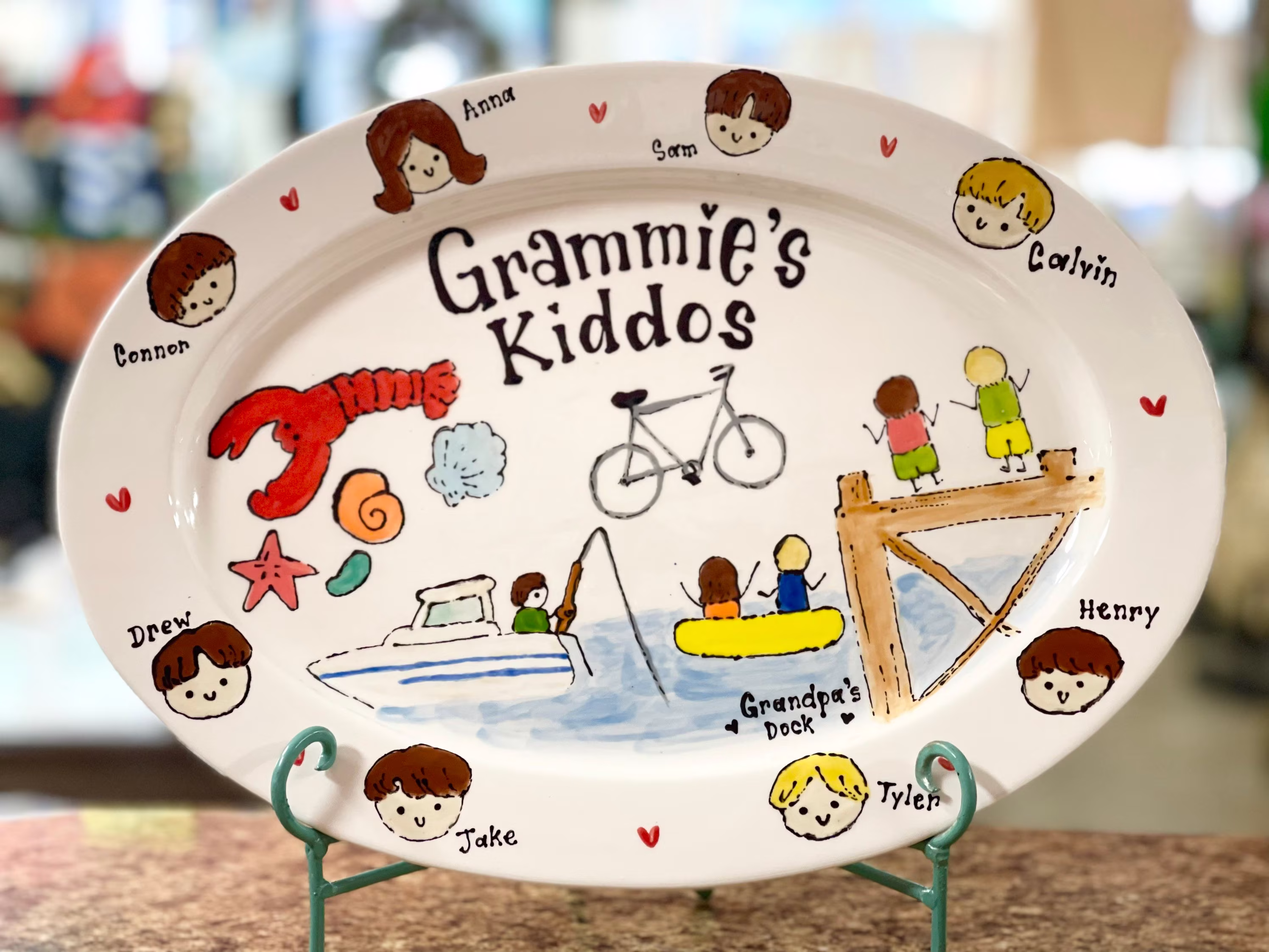 Ceramic Custom Oval Family Platter Lake House Summer Beach Seashells Grandkids Grandma Grandpa Seafood Boating Memories Grandparents Gift