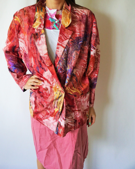 Vintage Womens Jacket/Blazer Long Suit Oversize Pink Floral Flowers Medium Oversized Evening Summer Autumn Outwear
