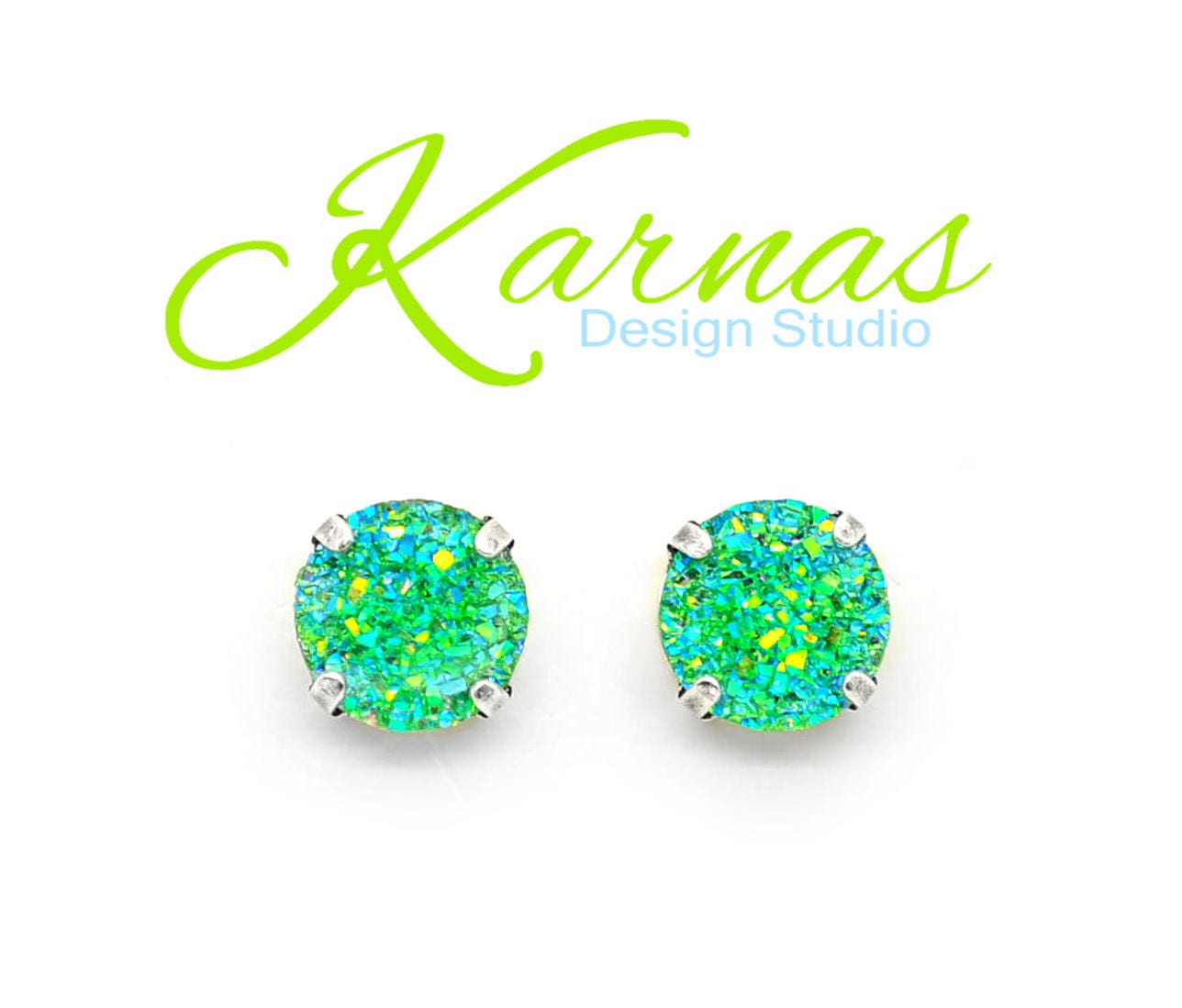 Green With Envy 12mm Stud Or Drop Earrings Sparkly Faux Druzy Pick Your Metal Karnas Design Studio Free Shipping