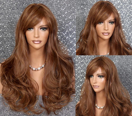 Medium Light Auburn Mix Human Hair Blend Wig Heat Ok Long Wavy Layered Full Bangs Anime Emo Cosplay Theater Cancer Alopecia Celebrity