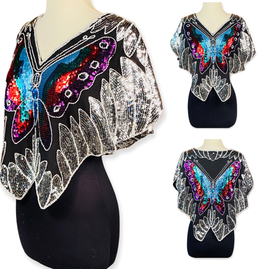 Vintage Late 70S Disco Sequin Butterfly Triangle Crop Top, Blouse, S