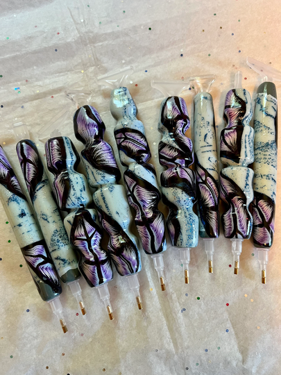 Diamond Painting Pen, Handmade, Polymer Clay, Drill With Multiplacer Or Straightener, Ergonomic, Purple & Blue Feathered Leaves