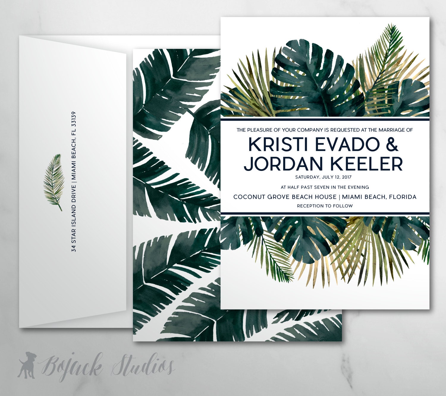 Kristi Tropical Wedding Invitations, Custom Leaves, Printable Invitation, Printed Invite, Modern Palm Frond