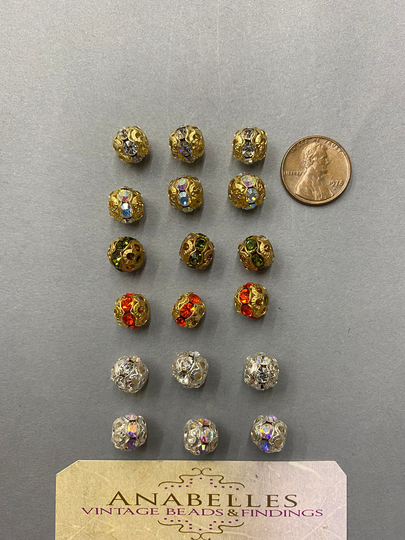 Vintage Crystals. Nos. 10mm, Lovely Rhinestone Filigree Beads. Sold By Lots Of 6 Pieces