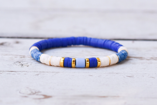 Blue, Cream & Gold Beaded Clay Disc Heishi Bracelet
