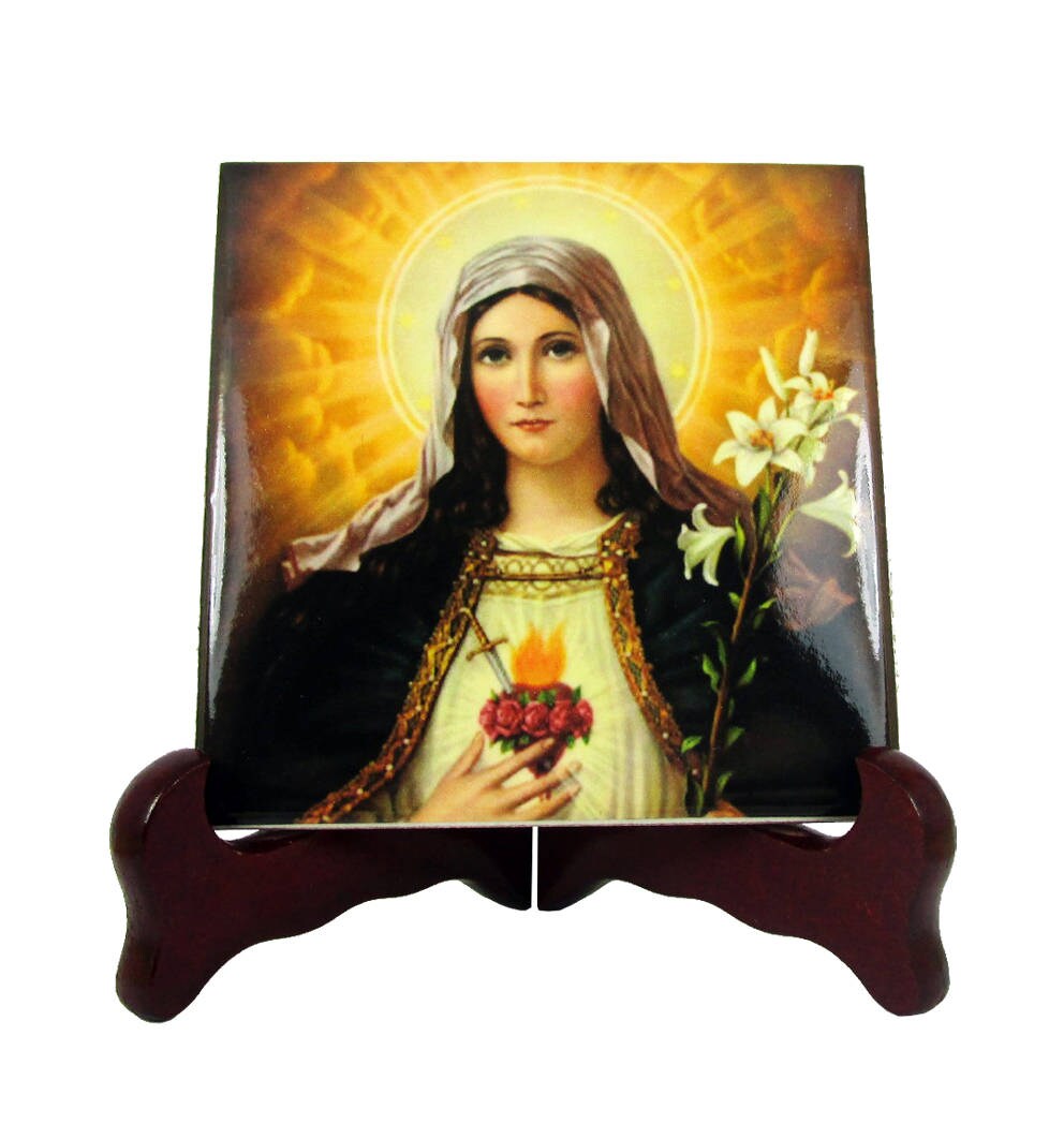 Christian Icon On Tile - Immaculate Heart Of Mary Catholic Gift Idea Made in Italy Virgin Art Christian