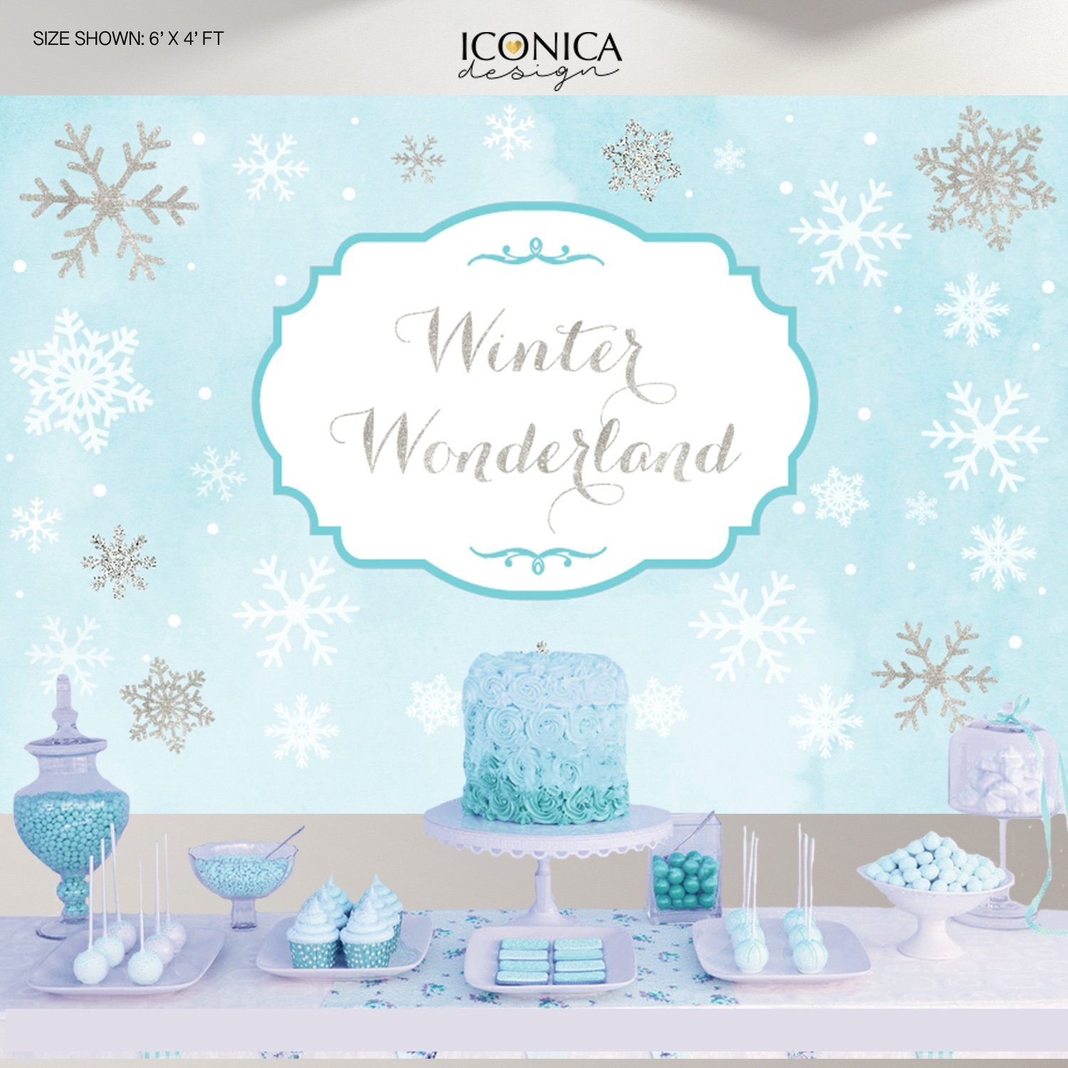 Winter Wonderland Custom Party Backdrop - Blue Silver Glitter Watercolor Background Snowflakes Printed Or Printable Free Shipping