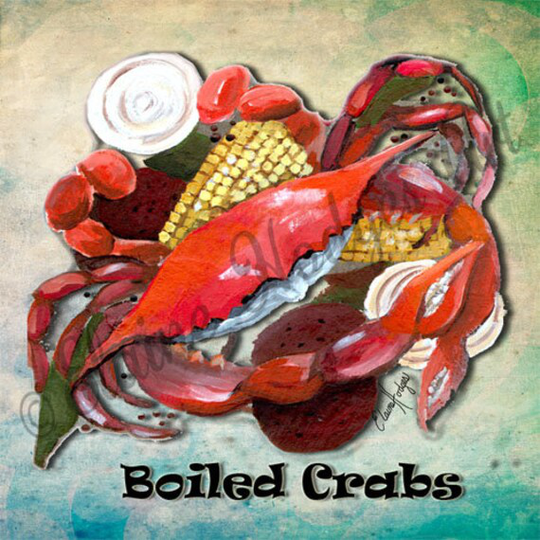 Set Of Four 8 Inch Tiles Made From My Original Artwork, Crabs, Oysters, Shrimp, Crawfish, Boiled Seafood
