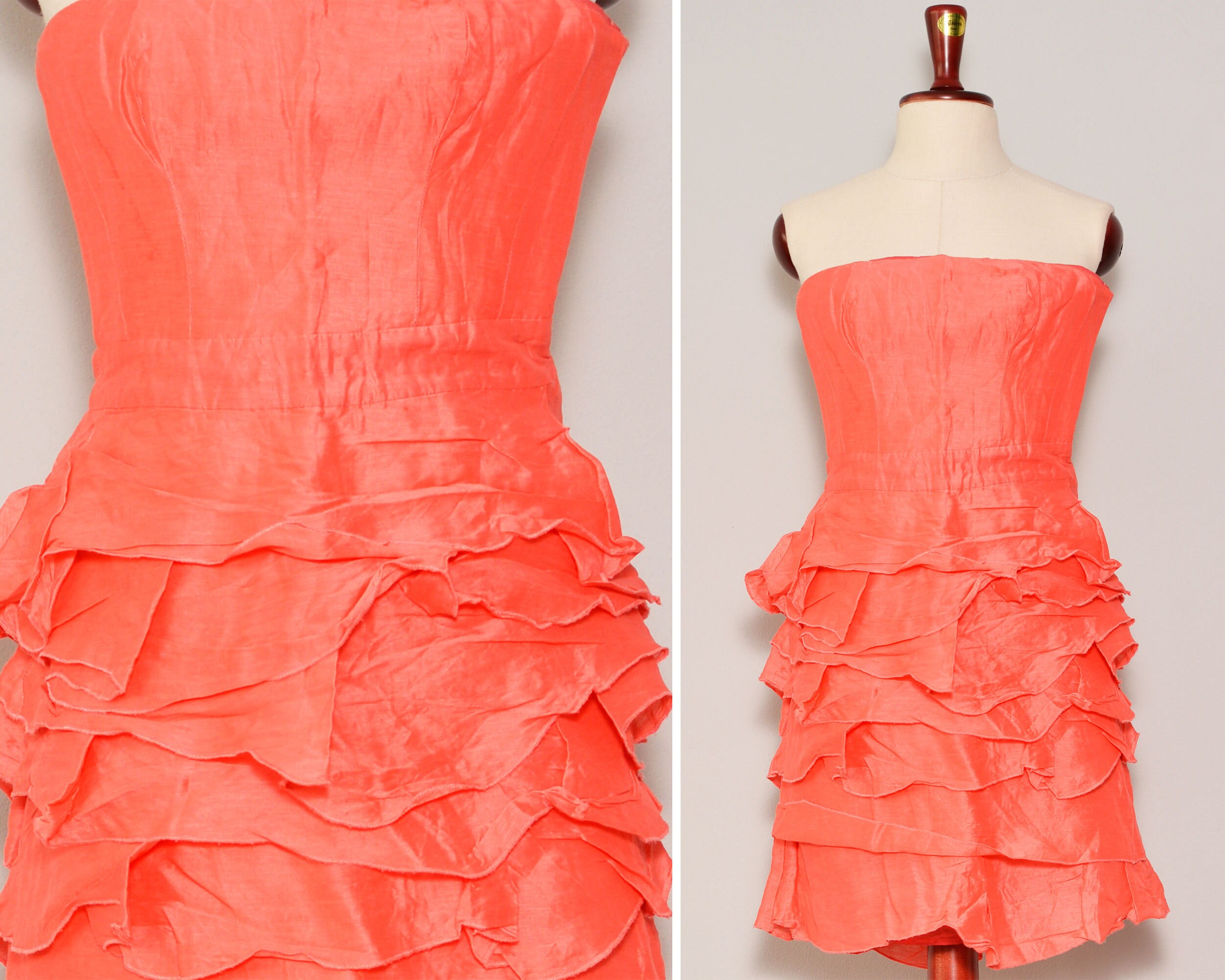 Linen Silk Blend Coral Prom Dress | Strapless Pink Ruffle Tight Tiered Layered Wedding Guest Petite Size 0 Event Xxs