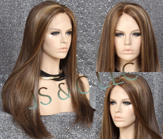 Human Hair Blend Hand Tied Full Lace Front Wig Heat Ok Center Mono Part Layered Sides Caramel Blonde Brown Mixed Straight Cancer/Alopecia