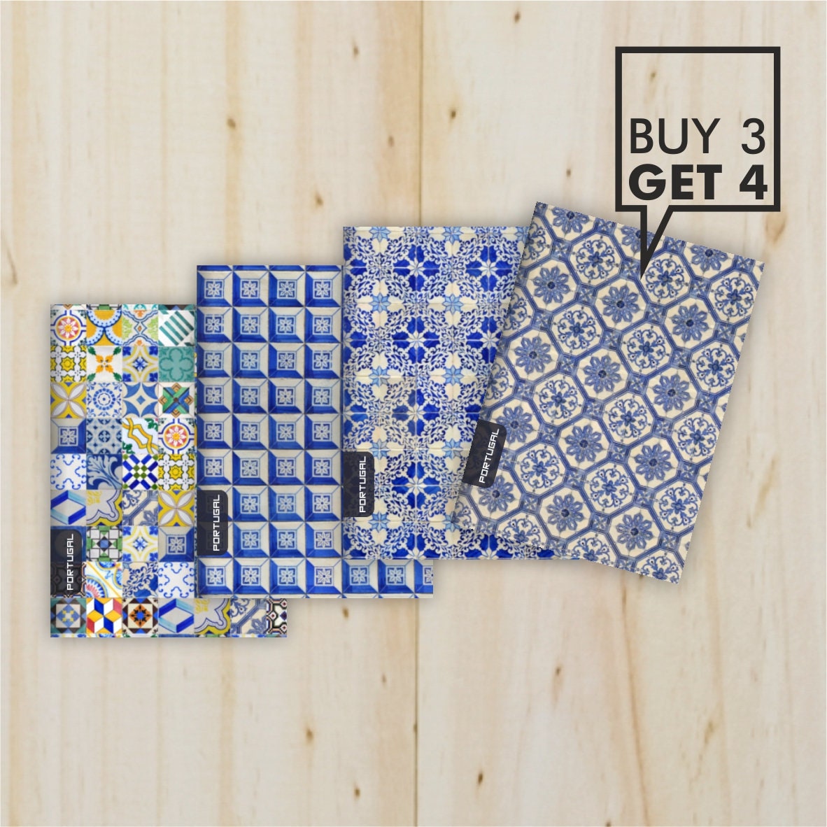 Buy 3 Get 4 Notebooks Inspired in The Portuguese Tiles, Eco Friendly Recycled Paper - Option A