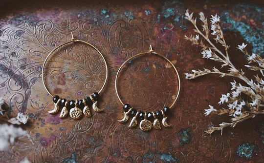 Aphelion. A Pair Of Boho Black Spinel & Gold Moon Phase Hoop Earrings