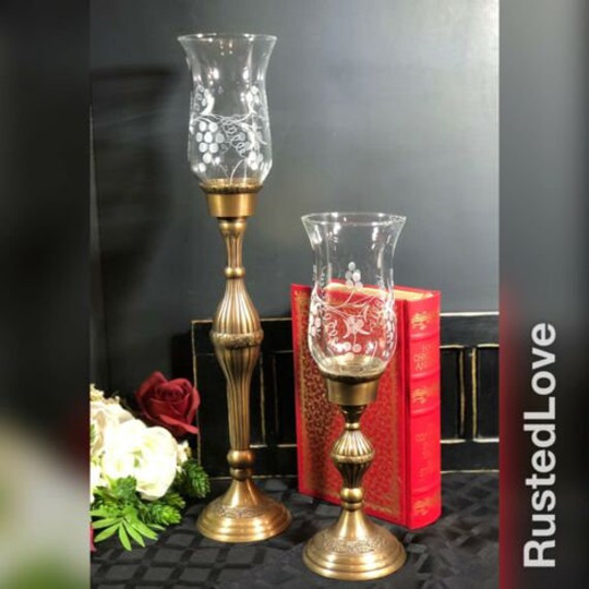 Antiqued Brass Vintage Candleholders With Glass Hurricane Shades 19"/13" Set Rustedloveco