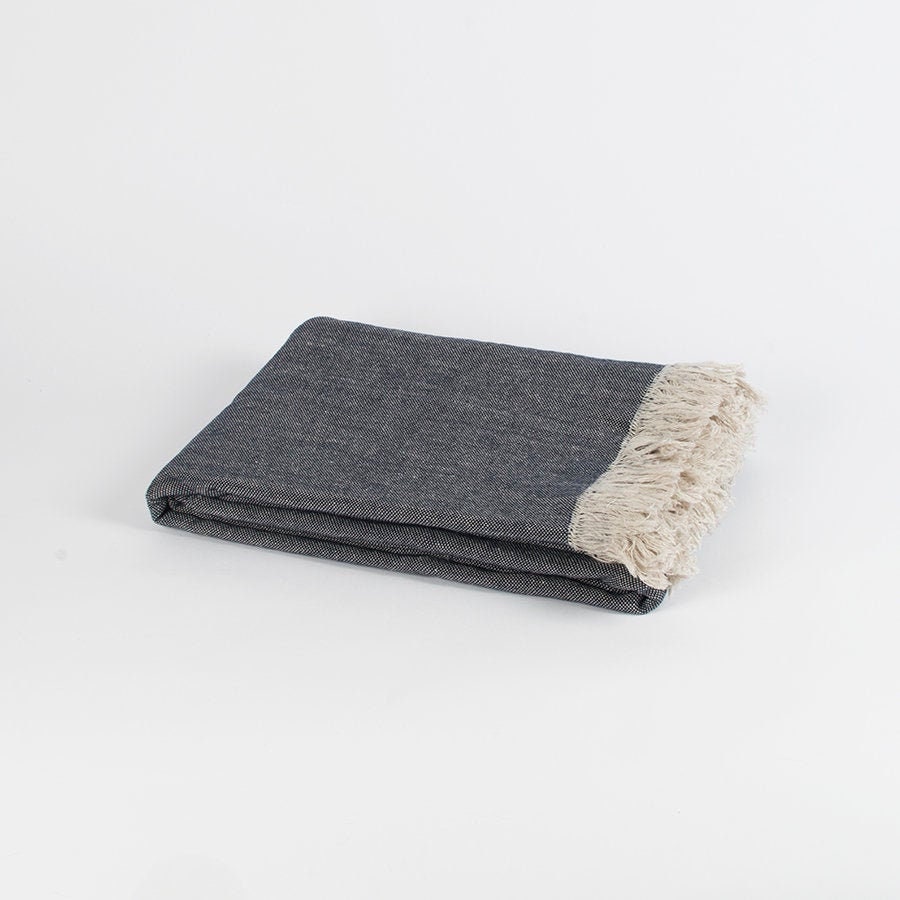 Linen Cotton Blend Blanket, Fringed Navy Beige Linen Throw, Thick Heavy Large Bedspread, Sofa Bed 440 Gsm