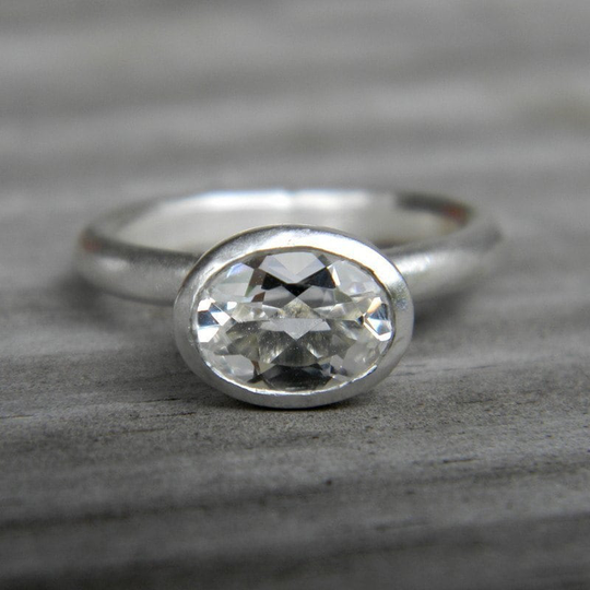 Oval White Topaz Ring, Handmade Solitaire Or Stacking Topaz Ring in Matte 925