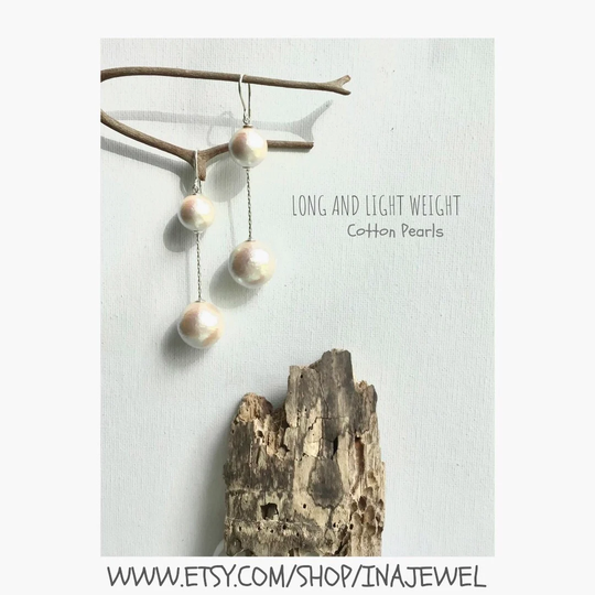 Cotton Pearl Earrings. Long Light Weight Sterling Silver