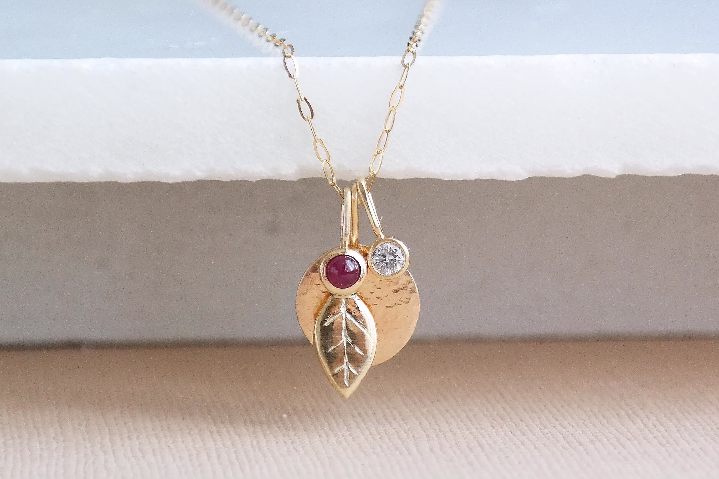 Gold Diamond Necklace, Solitaire Ruby Pendant, Disc Pendant