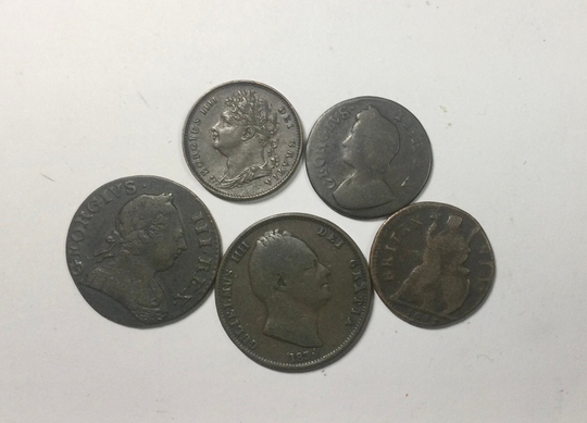 1675 Farthing 1736 1822 1775 1/2 Penny 1834 Great Britain 5 Coin Copper Lot Charles Ii William Iv Nice