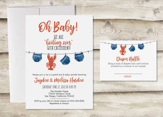Crawfish Boil Baby Shower Invitation With Diaper Raffle Insert Card, We Are Boiling Over Excitement Couples Sprinkle Bash