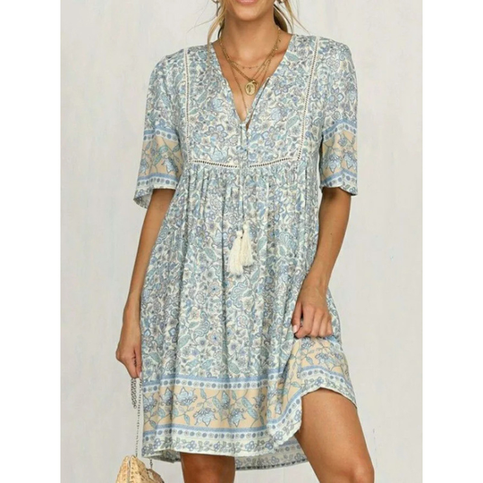 Light Blue Half Sleeve Cotton-Blend Dresses - Light Blue, X-Large