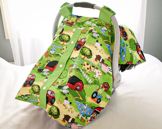 Farm Scene Green Cotton Baby Carseat Canopy Cover With Snaps