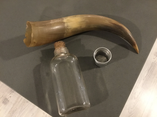 Vintage Glass Flask Cork Closure & Aluminum Shot Cup Top Cow Horn Myo Viking Clear Rustic Saloon Display