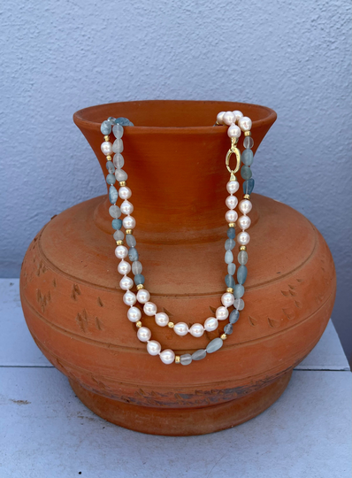 Baroque Aquamarines & Fresh Water Pearls Long Layered Necklace