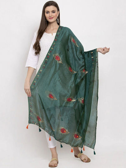 Woman's Silk Blend Green Printed Dupatta Printed Border Free Shipping