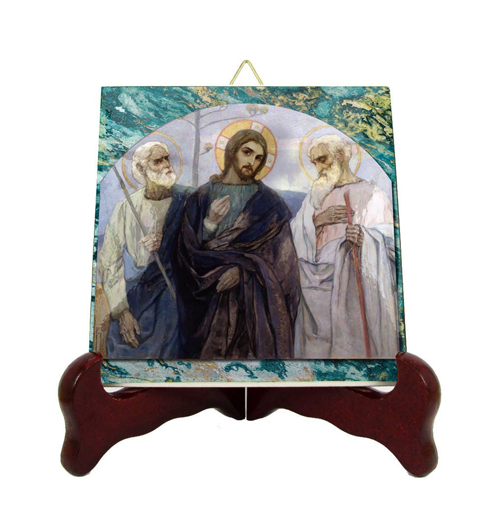 Christian Gift - On The Way To Emmaus Religious Icon On Tile Handmade in Italy Nesterov Jesus Christian