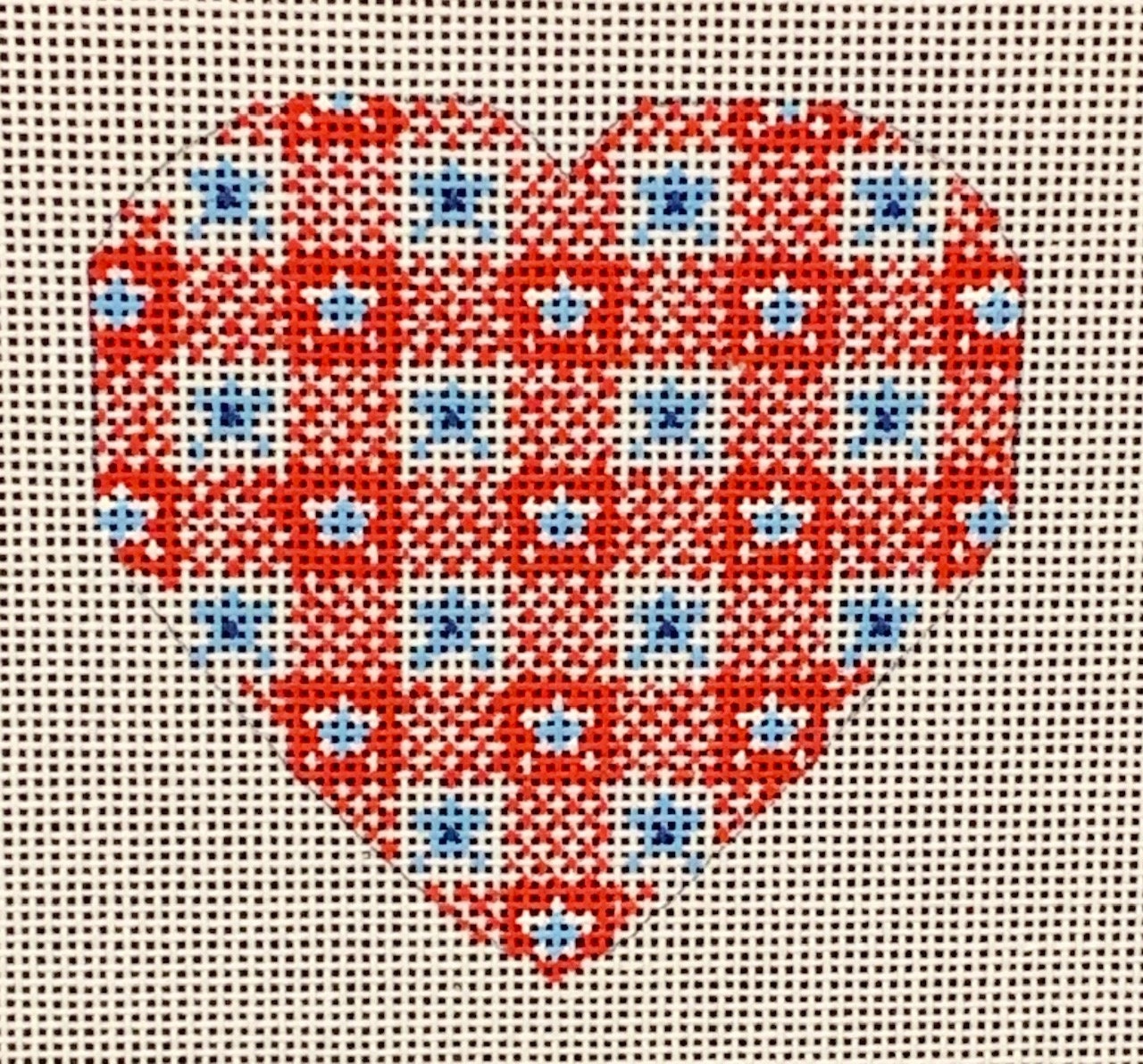 Needlepoint Handpainted Christmas Danji Red & Blue Heart 3x3 -Free Us Shipping